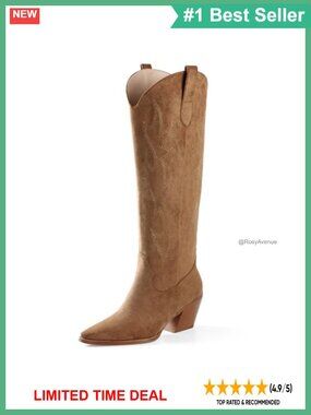 Knee High Cowboy Boots Pointed Toe Block Heel Faux Suede Embroidered